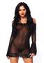 Leg Avenue Off The Shoulder Lace Trimmed Mesh Mini Dress With Lace Bell Sleeves And Matching G-string (2 Piece) - O/s - Black